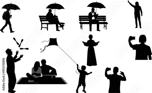 Black silhouette collection of people in park featuring individuals with umbrellas, child flying kite, juggling street performer, couple picnicking, and taking selfies on white.
