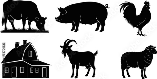 Black Silhouette Collection of Farm Animals and Country Barn House Including Cow Pig Rooster Goat and Sheep Isolated on White Background for Rural Design