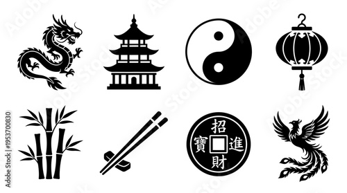 Chinese Culture & Symbolism Vector Icon Set – Elegant Vectors Featuring Dragons, Pagodas, Yin-Yang, Lanterns, Bamboo, Chopsticks, Lucky Coins, and Phoenixes