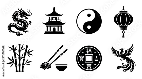 Chinese Culture & Symbolism Vector Icon Set – Elegant Vectors Featuring Dragons, Pagodas, Yin-Yang, Lanterns, Bamboo, Chopsticks, Lucky Coins, and Phoenixes