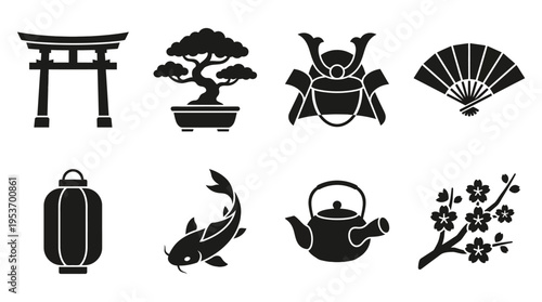 Japanese Culture & Tradition Vector Icon Set – Graceful Vectors Featuring Torii Gates, Bonsai Trees, Samurai Helmets, Fans, Lanterns, Koi Fish, Teapots, and Cherry Blossoms