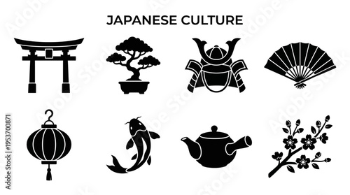 Japanese Culture & Tradition Vector Icon Set – Graceful Vectors Featuring Torii Gates, Bonsai Trees, Samurai Helmets, Fans, Lanterns, Koi Fish, Teapots, and Cherry Blossoms