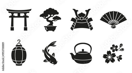 Japanese Culture & Tradition Vector Icon Set – Graceful Vectors Featuring Torii Gates, Bonsai Trees, Samurai Helmets, Fans, Lanterns, Koi Fish, Teapots, and Cherry Blossoms