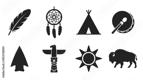 Native American Culture & Symbolism Vector Icon Set – Powerful Vectors Featuring Feathers, Dreamcatchers, Tipis, Drums, Arrowheads, Totems, Sun Symbols, and Buffalos