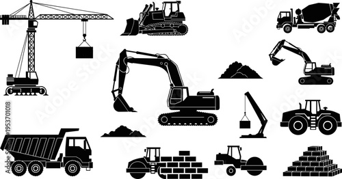 Black silhouette construction vehicle set with excavator, crane, bulldozer, dump truck, cement mixer, and road roller icons isolated on white background for industrial machinery building site design.