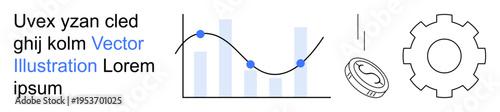 Business growth, financial analytics, economic strategy, market trends, profitability, corporate development. Graph with bars and line, coin and gear. Business growth and financial analytics