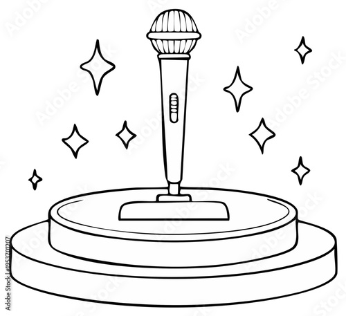 Elegant Microphone on Stage with Sparkling Stars - Simple Black and White Illustration