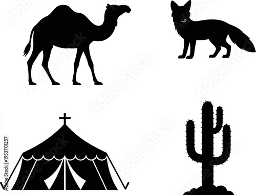 Black Silhouette Vector Set Featuring Camel Dromedary Desert Fox Tent and Saguaro Cactus Icons Isolated on White Background for Middle Eastern Travel Graphic Design