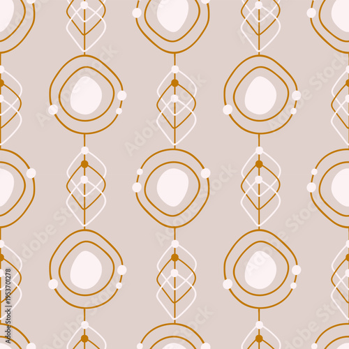 Seamless Mid-Century Modern Geometric Pattern with Abstract Gold Circles and Diamond Shapes on Beige Background