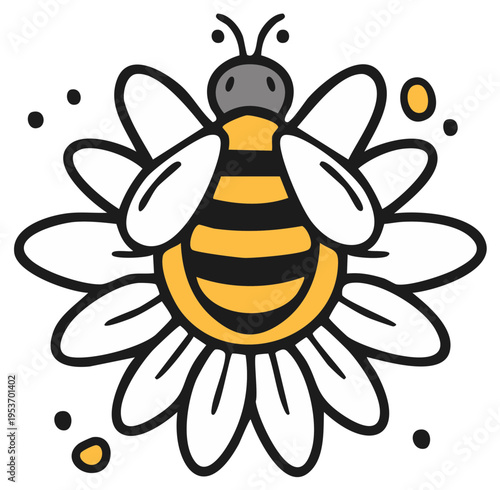 Cute bumblebee with black stripes sitting on a white daisy with yellow pollen dots