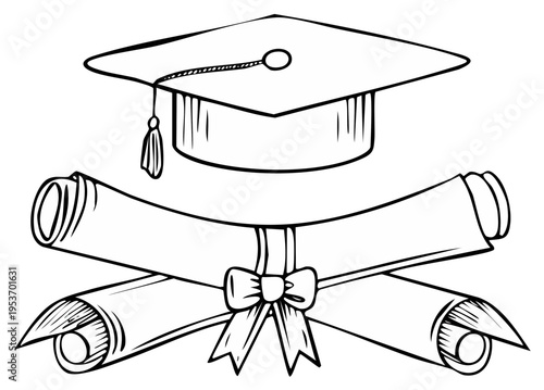 Hand-drawn illustration of graduation cap and diplomas tied with a bow, celebrating academic achievements and educational milestones.