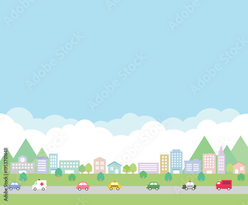 Flat vector illustration of a cute city landscape with buildings, trees, and cars on the road. Pastel colored urban background with blue sky and white clouds for kids' designs and educational material