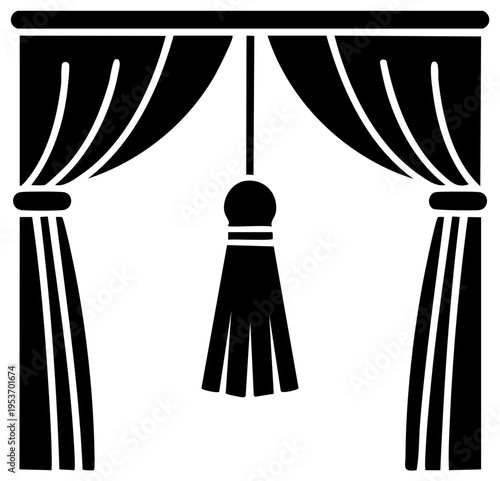 Classic window curtain with drapery and tassel black glyph icon illustration