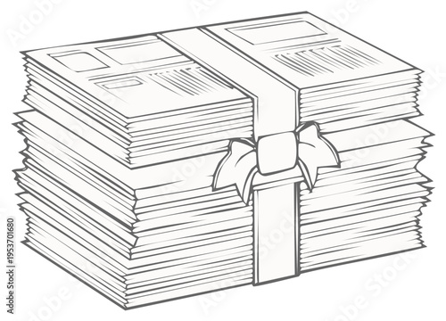 Line art illustration of a stack of newspapers tied with a gift ribbon and bow