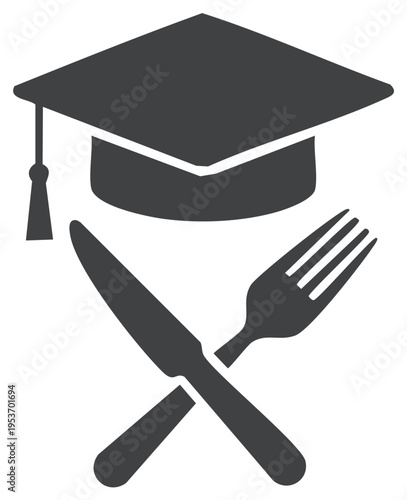 Mortarboard and Crossed Silverware – Symbolic Representation of Culinary Education with Knife and Fork