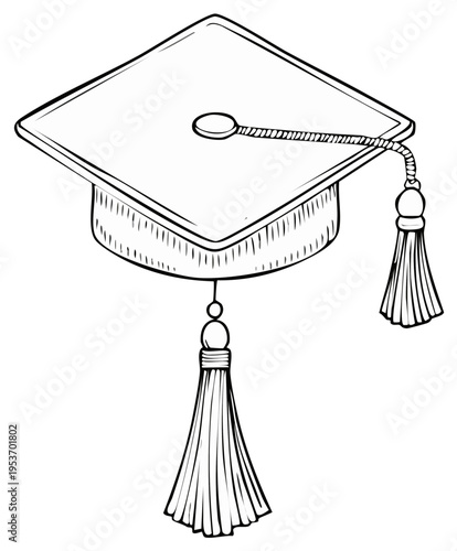 Hand drawn sketch of a traditional academic mortarboard graduation cap with a tassel