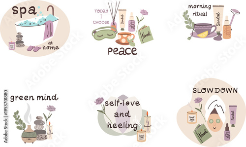 Self care set. Wellness and mindfulness cards. Relaxation in spa emblems. Aromatherapy with candles diffuser. Skincare cosmetic. Positive vibes balanced life. Mental health vector cartoon illustration