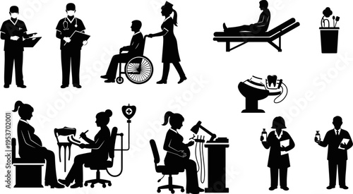 Comprehensive black and white vector silhouette icon set featuring healthcare professionals, doctors, nurses, wheelchair patients, pregnant women checkups, and pharmacists for medical