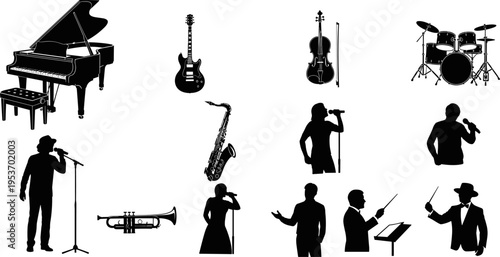 Comprehensive collection of black silhouette vector icons featuring various musical instruments like piano guitar drums and trumpet along with professional singers and orchestra