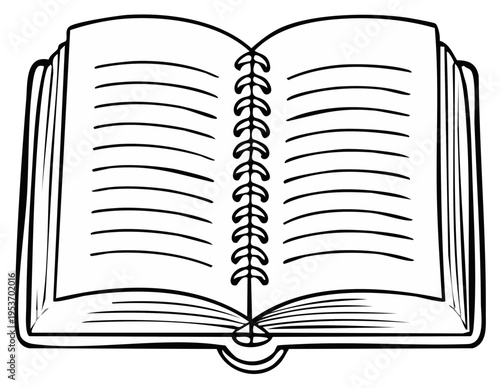 Open notebook illustration with spiral binding and lined pages vector drawing