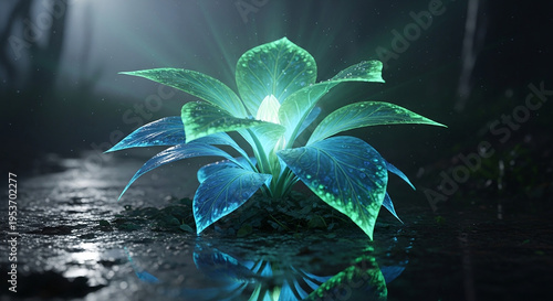 Bioluminescent glowing plant in dark forest, magical neon flora with teal light, fantasy mystical sprout growing from wet ground