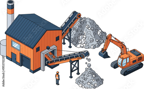 Isometric mining and construction site with excavator, conveyor and processing plant, industrial machinery scene illustrating material handling, engineering, heavy equipment and production workflow