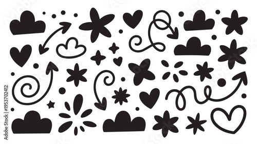 Black Silhouette Hearts Stars Arrows Isolated On White For Love Concepts