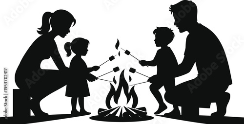 Family campfire silhouette illustration, four figures roasting marshmallows together outdoors, camping bonding theme, vector art, black isolated bold design for leisure visuals