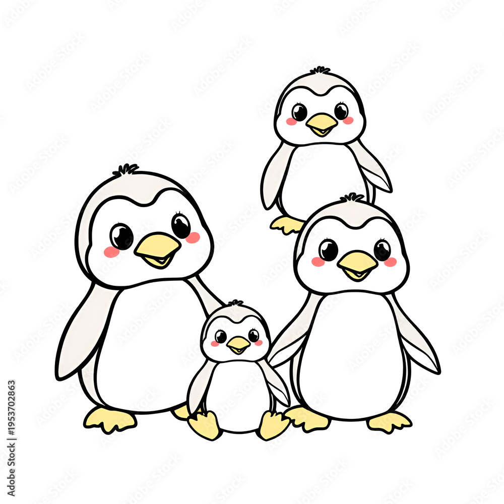 Obraz premium Four cute cartoon baby penguin outlines for coloring book pages
