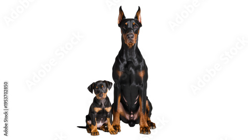 Foto Majestic adult Doberman Pinscher dog and adorable Doberman puppy sitting togethe