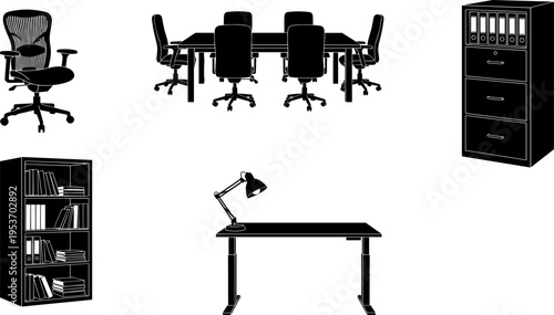 Flat vector illustration set of black office furniture silhouettes including ergonomic chair conference table filing cabinet bookshelf and desk with lamp isolated on white background.