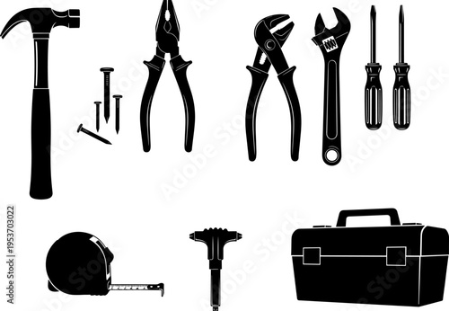 hardware, tools, construction, repair, maintenance, silhouette, icon, carpentry, industry, equipment, workshop, renovation, engineering, professional, manual