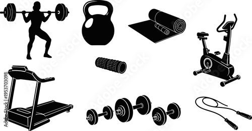 Fitness and gym equipment icon set featuring black silhouettes of treadmill, exercise bike, kettlebell, dumbbells, barbell lifter, yoga mat, jump rope, and foam roller vector design.