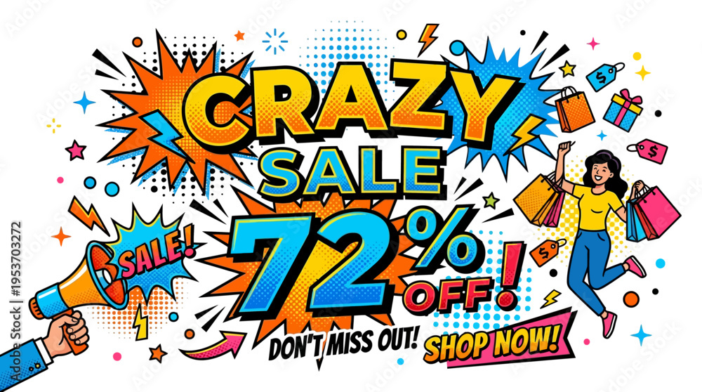 Obraz premium Crazy Sale 72% Off Banner with Comic Book Graphics