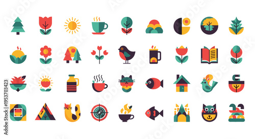 Εκτύπωση καμβά Collection of modern flat icons for nature, objects, and symbols