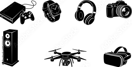 Set of black flat vector silhouettes representing modern electronic gadgets including game console camera drone smartwatch headphones speaker and virtual reality headset on white background.