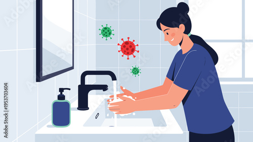 Young woman carefully washing her hands with soap and water at a sink to remove colorful virus and bacteria germs.