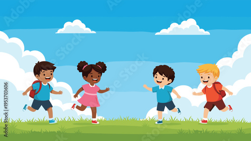 Group of four diverse young children with backpacks running and playing happily on a green grass field under a blue sky.