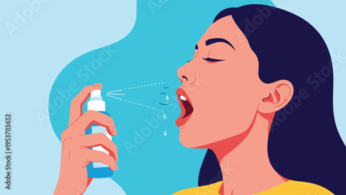 Profile view of a young woman using a blue medical throat spray bottle to relieve pain from a sore throat or mouth inflammation.