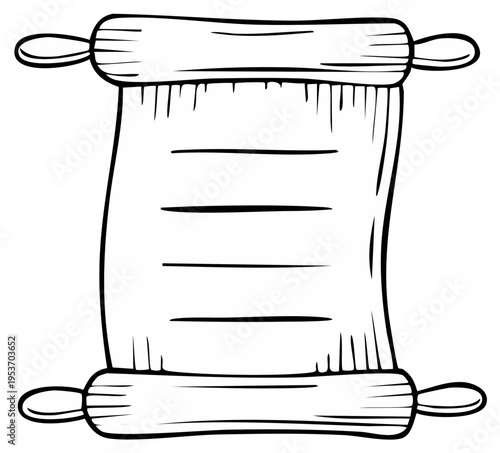 Hand drawn ancient scroll with wooden rollers black and white line art illustration