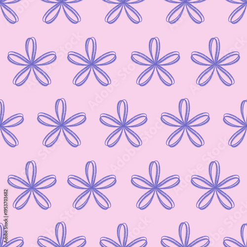 A seamless pattern featuring hand-drawn stylized purple flowers on a pink background