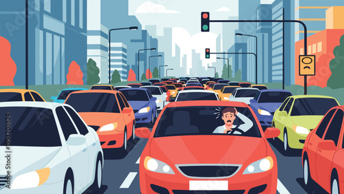 Frustrated man scratching his head while driving a red car in a dense urban traffic jam during the busy rush hour.