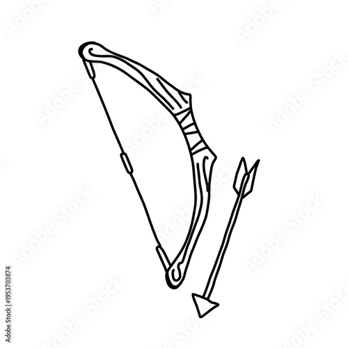 Bow and arrow doodle for game and medieval fantasy adventure. Ranged weapon icon with wooden archer equipment in simple sketch style