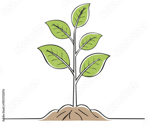 Green plant sprout with roots emerging from soil simple line art illustration