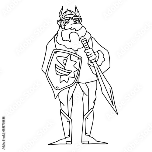 Viking warrior character doodle with sword and shield. Medieval northern knight in horned helmet and armor in simple sketch style