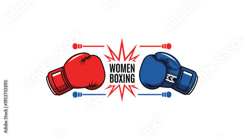 Red and blue boxing gloves clashing together with sparks to represent a high intensity women's boxing match or competition event.
