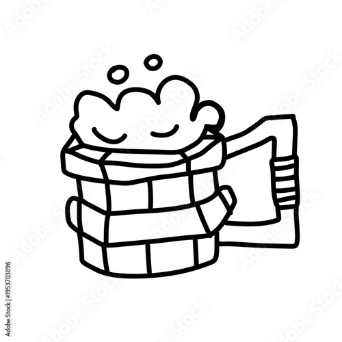 Beer mug doodle with foam for game and medieval fantasy. Wooden tankard icon with ale for tavern and bar in simple sketch style