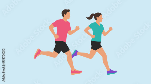 Two people, a man and a woman, running together in a flat design illustration on a light blue background, depicting fitness and exercise.