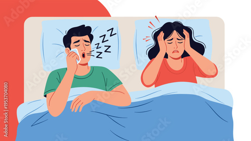 Suffering woman covering her ears as her male partner snores loudly while sleeping in their bed during the middle of the night.