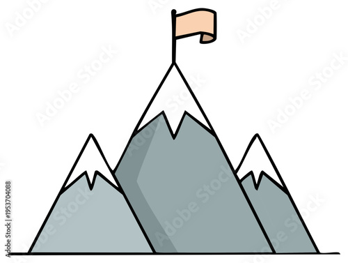 Simple cartoon illustration of a mountain range with a flag planted on the tallest peak symbolizing achievement goals and success